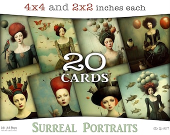 Surreal women portraits digital prints, Junk journal square cards: Surreal and dreamy printable images in both 4"x4" and 2"x2", CU, SQ-A277
