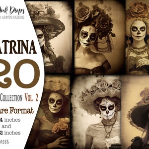 La Catrina druckbare Kartenherstellungsmaterialien: digitale Dia de Los Muertos quadratische sepiafarbene Karten mit viktorianischem Kleid und Blumen, CU, AJ-A135