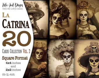 La Catrina printable card making supplies: digital Dia de Los Muertos square sepia tone cards with victorian dress and flowers, CU, AJ-A135