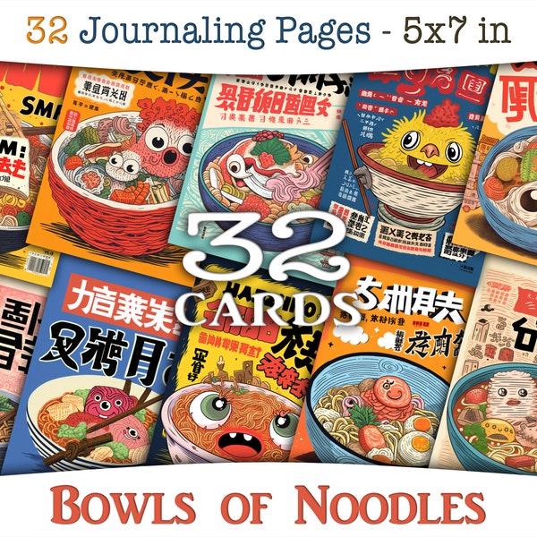 Kawaii doodle printable images: Colorful digital junk journal cards collection with bowls of noodles, ramen bowls, Japanese food CU JOU-A284