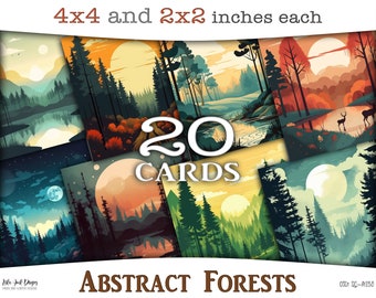 Abstract forests digital prints, Square cards: Minimalist and colorful night and day printable images with hills, trees, rivers, CU SQ-A280