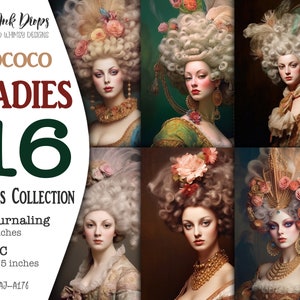 Ritratti digitali Rococo Ladies: 8 ATC e 8 Journaling collezione di dipinti a olio in stile vintage, 16 immagini di carte effimere colorate, CU, AJ-A176