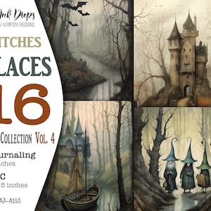Collection de cartes ATC et journal Witches Places : 16 illustrations gothiques aux couleurs douces représentant des forêts, des châteaux, des rivières et des bateaux, CU, AJ-A148