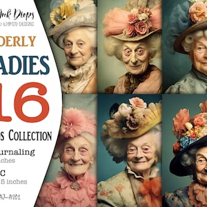 Rococo elderly ladies collection of 8 Atc and 8 Journaling: Vintage photo-style ephemera images with smiling women portraits CU, AJ-A201