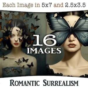Colagens digitais sonhadoras e românticas para impressão com mulheres e borboletas: Surreal ATC e diário com retratos caprichosos, CU, AJ-A242
