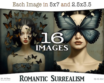 Printable dreamy and romantic digital collages with ladies and butterflies: Surreal ATC and journaling with whimsical portraits, CU, AJ-A242