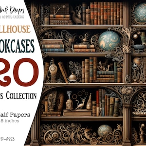 Dollhouse bookcases digital journaling pages: Whimsical bookshelf and library half paper images with black bacground, dark colors CU HP-A228