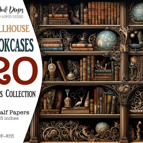 Dollhouse bookcases digital journaling pages: Whimsical bookshelf and library half paper images with black bacground, dark colors CU HP-A228