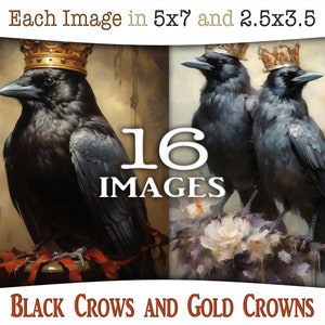Voltar Imagens digitais de Crows e Glod Crowns: Impressões góticas e surreais em formato ATC e Journaling com decoração assustadora, CU, AJ-A264