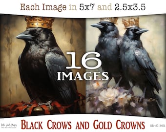 Back Crows and Glod Crowns digital images: Gothic and surreal prints in both ATC and Journaling format with spooky decoration, CU, AJ-A264