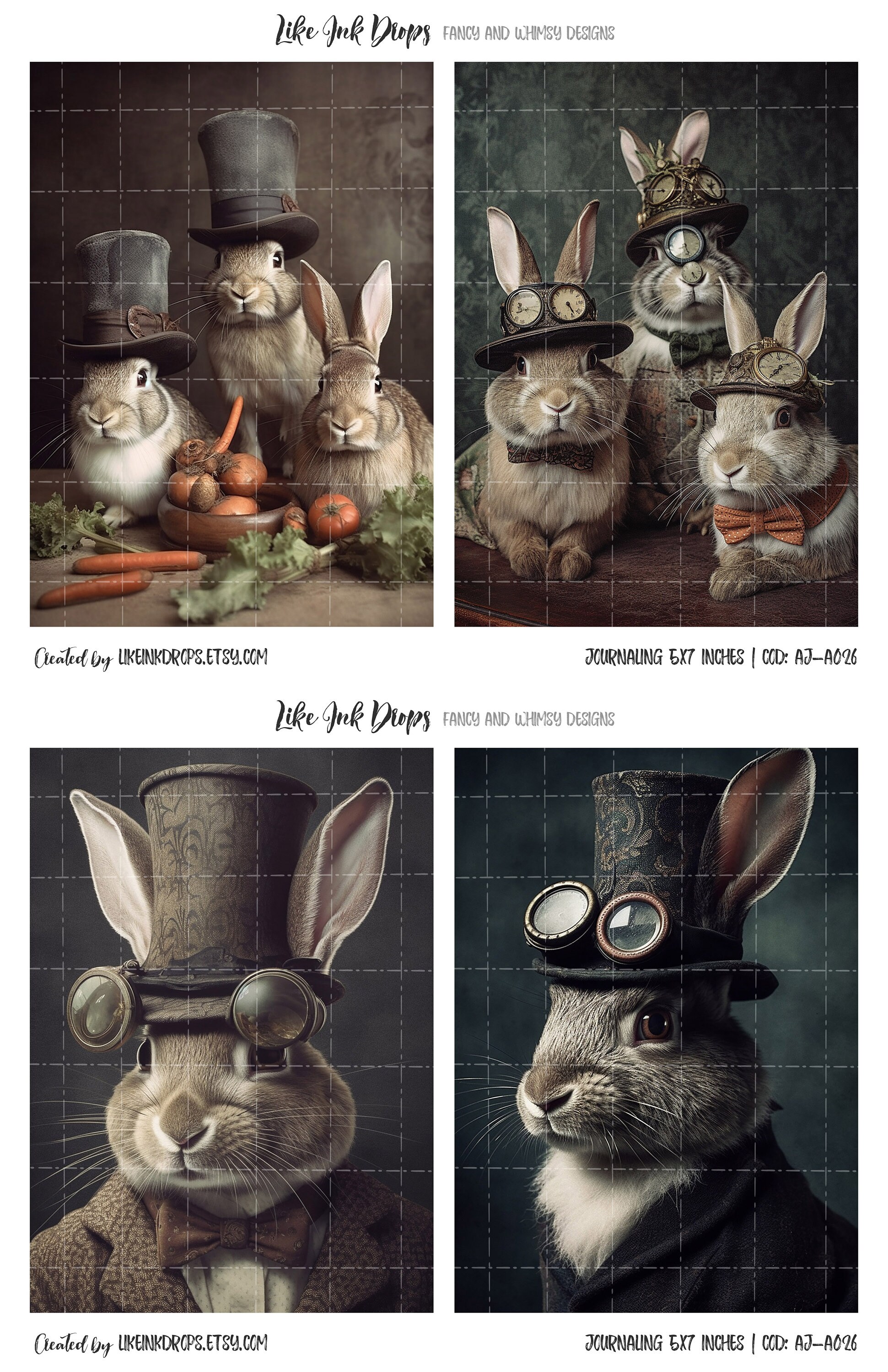 32 Printable Rabbits With Strange Hats Digital Cards Collection: 16 ...