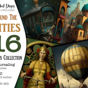 Fantasy City-themaverzameling van kleurrijke afdrukbare ATC en journaling met auto's, vrouwen, fietsen, heteluchtballonnen en gebouwen, CU, AJ-A088