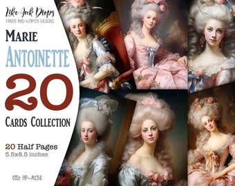 Marie Antoinette digital portraits: 20 Half papers Rococo style collection, Colorful ephemera card images with French queen, CU, HP-A183