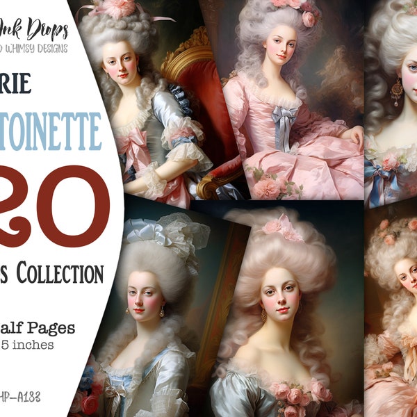 Marie Antoinette digital portraits: 20 Half papers Rococo style collection, Colorful ephemera card images with French queen, CU, HP-A183