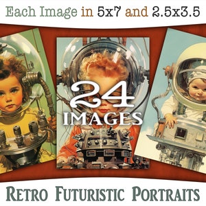 Retro Futuristic Portraits, digital prints: 1950s style illustrations with children, space suits and helmets, ATC and journaling CU, AJ-A288