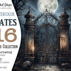 Imagens góticas em aquarela para Junk Journal: 16 páginas imprimíveis de Dark Night Atc e Journaling com nevoeiro, lua cheia e corvos CU, AJ-A061