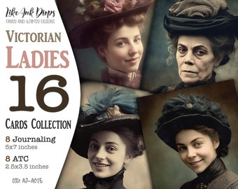 Victorian Ladies Digital Collection 8 Atc and 8 Journaling: 16 Vintage photo-style ephemera images for Postcards, Scrapbooking, CU, AJ-A025