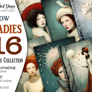 Páginas de Junk Journals imprimíveis para Snow Ladies: Coleção colorida surreal de cartões Atc e Journaling com flores, chapéus e pássaros, CU, AJ-A126