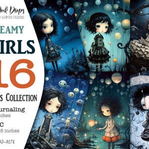 Collection imprimable de cartes de journal indésirable Dreamy Girls : journalisation surréaliste et ATC avec lune, étoiles, arbres, nuages et tons bleus, CU, AJ-A173