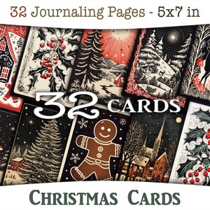 Weihnachtskarten, Digitaldrucke im Holzschnitt Stil: Printables mit Weihnachtsmann, Weihnachtsbäume, Geschenke, weißer Schnee, Sternenhimmel, CU JOU-A270