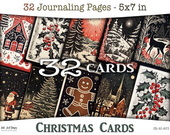 Christmas cards, digital prints in woodcut style: Printables with Santa Claus, Christmas trees, gifts, white snow, starry skies, CU JOU-A270