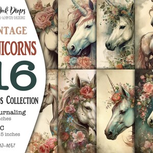 Op de afbeelding: Een verzameling van 16 vintage eenhoornkaarten, met aquarel illustraties van eenhoorns met bloemenkronen. De kaarten zijn verdeeld in twee sets: 8 journaling kaarten met een afmeting van 12,7x17,8 cm en 8 ATC kaarten met een afmeting van 6,4x8,9 cm.