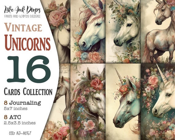 Printable Shabby Unicorns Junk Journal Digital Collection: Vintage postcard-style Journaling pages and ATC cards with Flowers, CU, AJ-A057