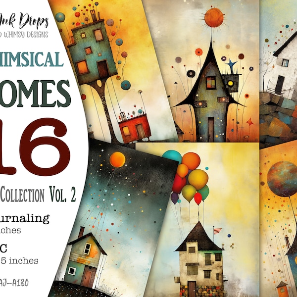 Whimsical Homes Junk Journal Seiten: 16 Digital Journaling und ATC Karten Sammlung mit surrealen Orten und bunten Landschaften, CU, AJ-A130