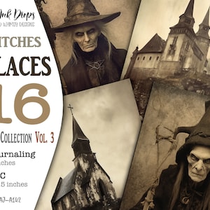 Witches Places junk journal ATC and Journaling cards: 16 sepia photo-style images collection with castles, mountains, churches, CU, AJ-A142