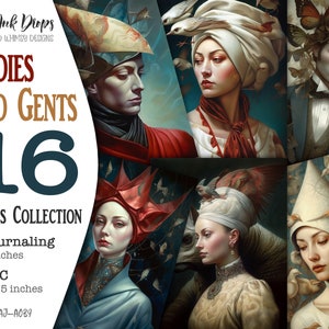 Surrealistische Victoriaanse stijl dames en heren: digitale verzameling van 16 kleurrijke junk journal-kaarten met 8 journaling en 8 ATC, CU, AJ-A039