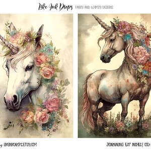 Op de afbeelding: Twee aquarel-illustraties van een wit eenhoorn met een bloemenkrans. De eerste afbeelding toont het hoofd en de nek van het eenhoorn, terwijl de tweede afbeelding het eenhoorn laat zien dat in een bloemenveld staat. Beide afbeeldingen hebben een vintage esthetiek.