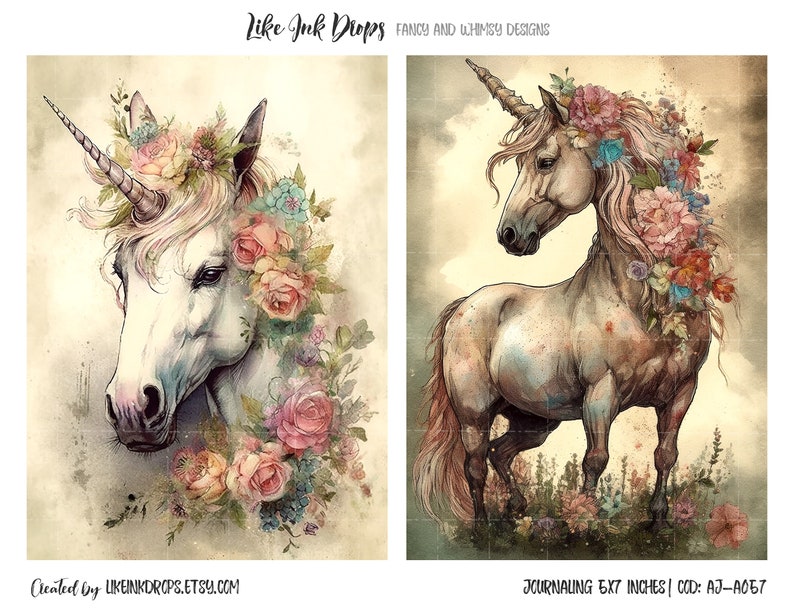Op de afbeelding: Twee aquarel-illustraties van een wit eenhoorn met een bloemenkrans. De eerste afbeelding toont het hoofd en de nek van het eenhoorn, terwijl de tweede afbeelding het eenhoorn laat zien dat in een bloemenveld staat. Beide afbeeldingen hebben een vintage esthetiek.