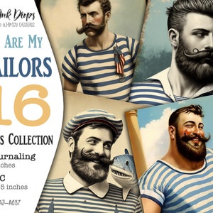 Coleção de cartões para marinheiros com bigode e barbudo para impressão: ATC e diário com tema náutico com homens em camisetas listradas azuis, CU, AJ-A087