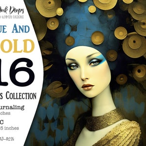 Collection de pages imprimables Blue and Gold Junk Journal : Surreal Journaling et cartes ATC avec des femmes mélancoliques et des tons sombres, CU, AJ-A124