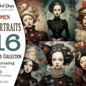 16 viktorianische Frauenportraits: Surreale digitale Journaling-Seiten und ATC-Karten mit Kätzchen, Schmetterlingen, Fischen und Vögeln, CU, AJ-A118