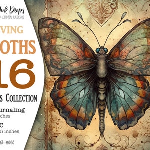 16 Druckbare Loving Moths Digitale Sammlung: Vintage viktorianischer Postkartenstil, Journaling Seiten und ATC Karten für Junk Journal, CU, AJ-A030