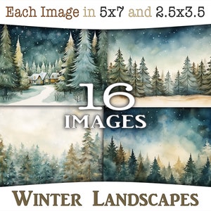 Coleção digital de diário de lixo de paisagens de inverno: cartões ATC e Journaling em aquarela para impressão com árvores, céu azul, neve branca CU AJ-A253