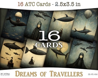May include: A set of 16 ATC cards featuring whimsical illustrations of people and creatures flying through the night sky. The cards are 2.5x3.5 inches and feature a variety of colours, including blue, green, and brown. The cards are titled "Dreams of Travellers" and have the code ATC-9246.