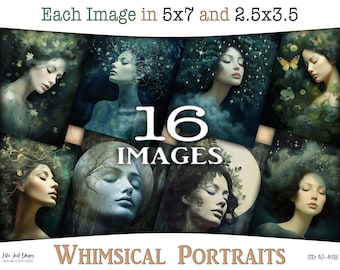 Printable whimsical Lady portraits junk journal cards: Surreal dreamy Journaling and ATC with women, moon, stars and blue tones, CU, AJ-A236