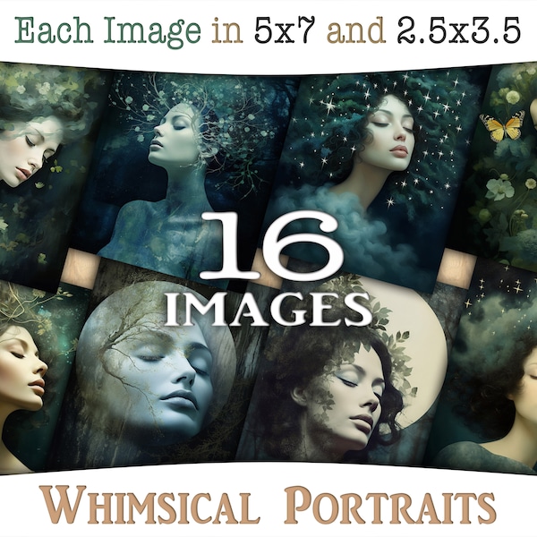 Printable whimsical Lady portraits junk journal cards: Surreal dreamy Journaling and ATC with women, moon, stars and blue tones, CU, AJ-A236