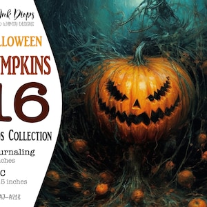 Halloween pumpkins junk journal digital encaustic illustrations: Printable Journaling and ATC cards collections with dark colors, CU AJ-A213