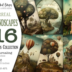 Surrealistische heuvelachtige landschapsillustraties: 16 afdrukbare pagina's en kaarten, digitale vellen met dieren, bomen, vogels, heteluchtballonnen CU, AJ-A075