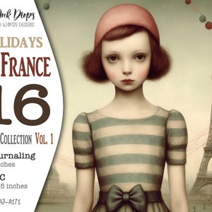 Collection de cartes journal indésirables de vacances en France : journalisation numérique et ATC avec des paysages français, des jeunes filles et des couleurs douces CU, AJ-A171