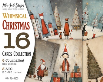 Christmas junk journal digital collection: Printable cards with Christmas trees, Santa Claus, Gifts, Families, Children, Houses, CU, AJ-A208