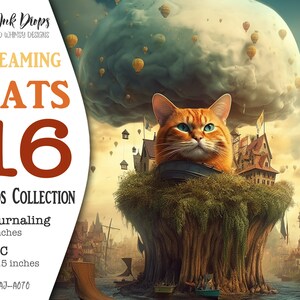 Afdrukbare Dreaming Cats Junk Journal-pagina's met kleurrijke fantasielandschappen: Digitale surrealistische ATC- en Journaling-kaartencollectie CU, AJ-A070