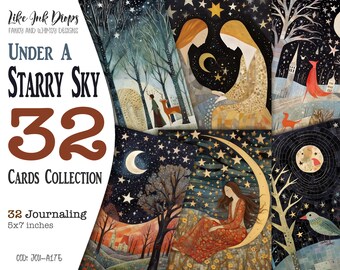 JOURNALING Starry night junk journals Digital cards collection: 32 Printables with women, moon, stars and soft colors landscapes CU JOU-A175