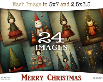 Merry Christmas junk journal digital cards: Printable ATC and journaling with Santa Claus, Christmas trees, children and gifts, CU, AJ-A302