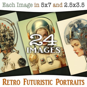 Retro Futuristic Portraits, digital prints: 1950s style illustrations with women, space suits and helmets, ATC and journaling, CU, AJ-A288
