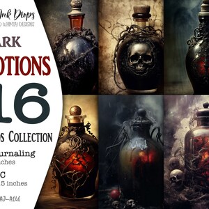 May include: A collection of 16 dark potion cards, featuring eight 5x7 inch journaling cards and eight 2.5x3.5 inch ATC cards. The cards feature images of dark, glass bottles with various designs and textures, including skulls, vines, and other gothic elements. The cards are perfect for scrapbooking, journaling, and other crafting projects.