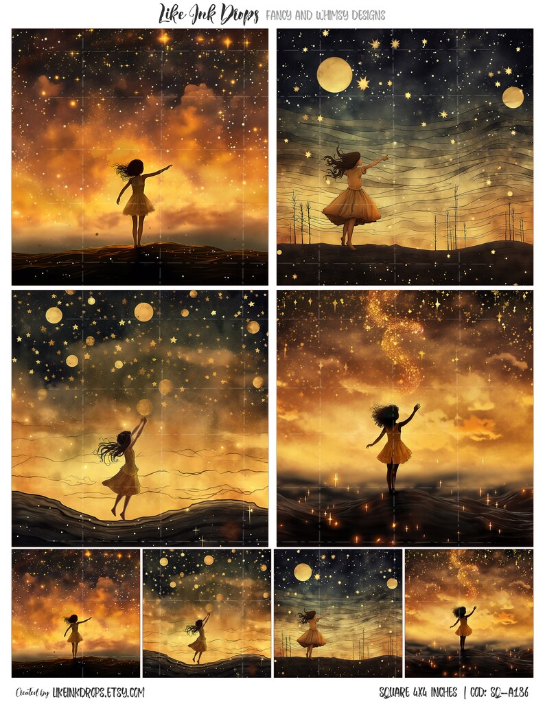 Whimsy Ccod Little Girls Dance in a Starry Sunset: Poetic Digital Papers With ...